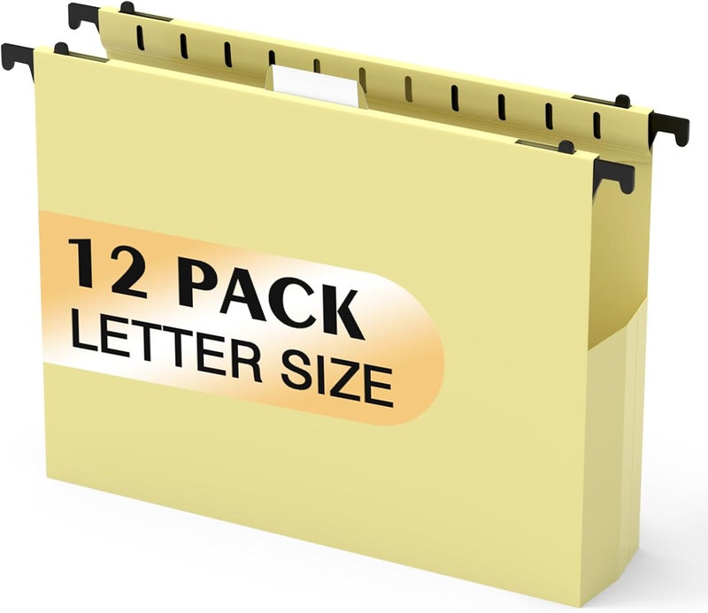 SHUTEX Extra Capacity Plastic Hanging File Folders,12 Pack Reinforced Hang Folder, Heavy Duty File Folders for Filing Cabinet for Bulk Files/Medical Charts, File Folders & Accessories(Cream Yellow) - Image 1